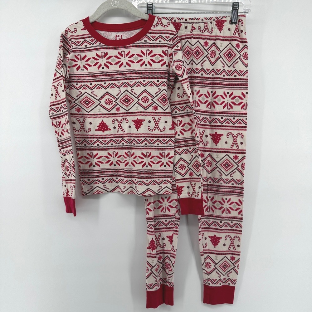 PJ Place Kids Red White Fair Isle Christmas Pajama Set Size 8 Candy Cane Cotton